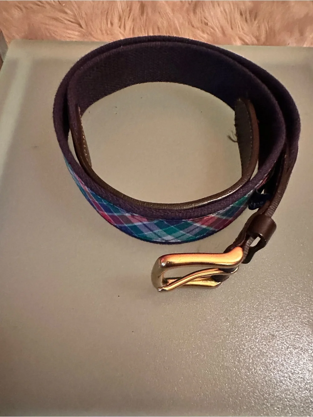 Vineyard Vines Multicolor Plaid Webbing Belt with Brown Leather Trim